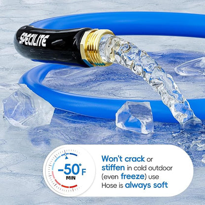 SPECILITE Hot/Cold Garden Water Hose 100 ftx 5/8 in, -50℉ To 190℉, Heavy Duty, Flexible, Burst 605 Psi, Lightweigh, Upgraded Rubber Pipe with 3/4" Brass Fittings For Backyard, Outdoor, Farm, Blue