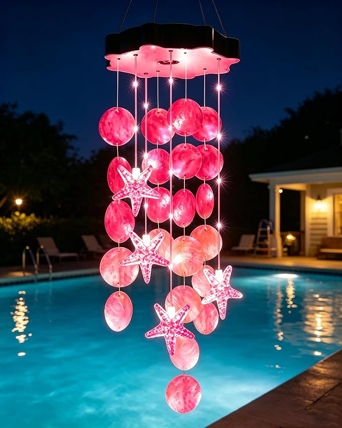Toodour Solar Wind Chimes for Outside, Shells Light Gifts for Mom Grandma Women Wife Girls, Waterproof Solar Outdoor Decorative Mobile Light for Holiday Garden Porch Yard Outdoor Decor (Pink)