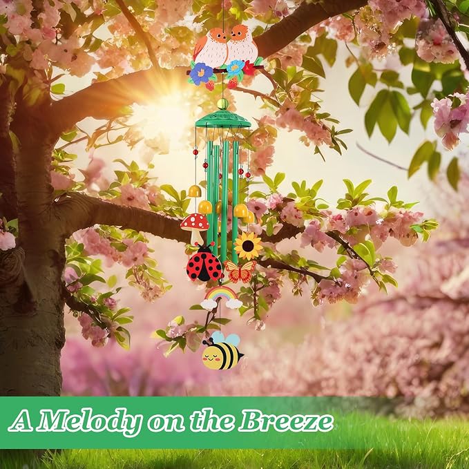 Bird Wind Chimes for Outside Colorful Metal Garden Decor with Rainbow Bee Butterfly Ladybug Sunflower Outdoor Hanging Wind Chime for Patio Porch Yard Art Gift