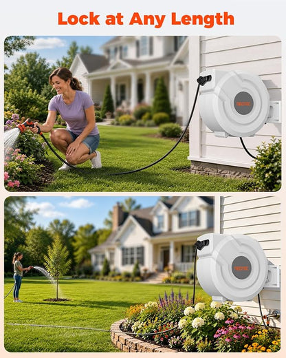 5/8 in 100ft Retractable Garden Hose Reel with Any-Length Lock Slow Auto Rewind Heavy Duty Water Hose Reel With 9-Pattern Nozzle 180° Swivel Bracket UV Resistant Wall Mounted Hose Reel for Outside
