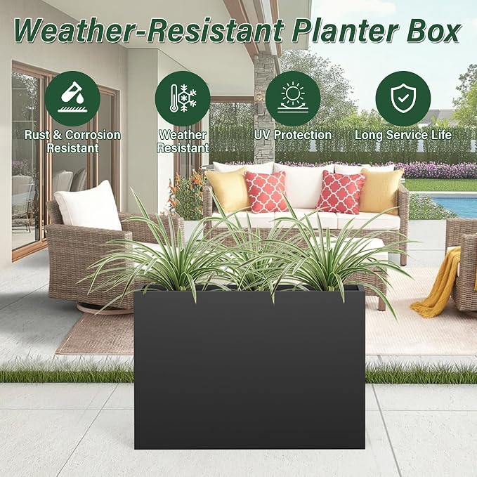 Metal Tall Planter 38" L x 10" W x 26" H | Long Rectangular Planter Box, Drainage Holes & Removable Shelf, Heavy Duty Steel Planter for Tall Plants, Flowers or Shrubs