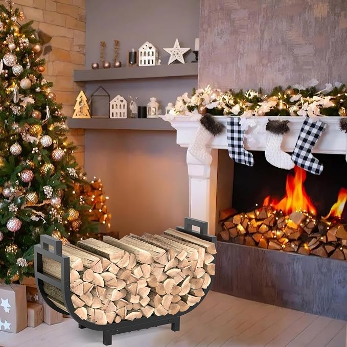 34 Inch Firewood Rack Outdoor Indoor with Handle and Log Carrier Bag, Stable Metal Wood Rack Heavy Duty Log Holder for Fireplace Patio Deck, Rustproof Firewood Storage Organizer Tool, Black
