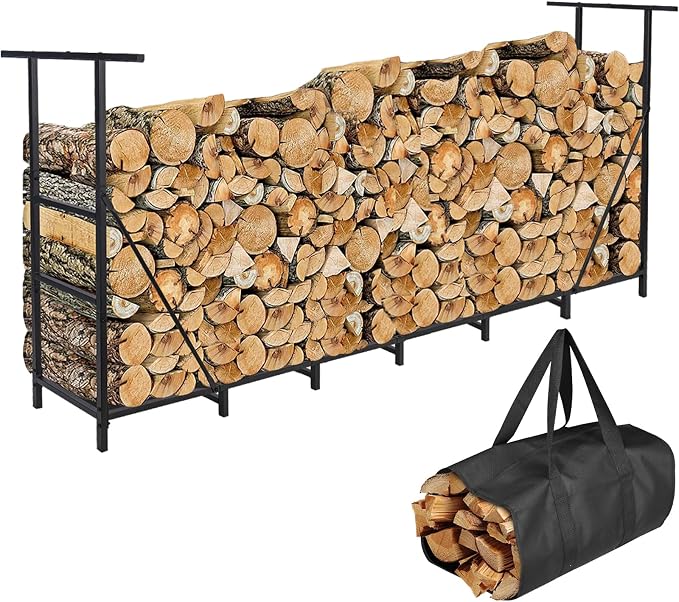 HONEST OUTFITTERS 8ft Firewood Rack Outdoor, Adjustable Heavy Duty Firewood Holder, Adjustable Wood Racks for Outdoor Indoor, Metal Log Racks for Firewood with Firewood Bag Carrier, Black