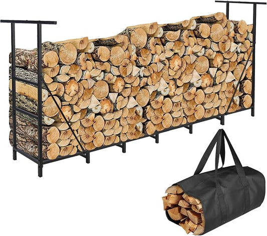 HONEST OUTFITTERS 8ft Firewood Rack Outdoor, Adjustable Heavy Duty Firewood Holder, Adjustable Wood Racks for Outdoor Indoor, Metal Log Racks for Firewood with Firewood Bag Carrier, Black