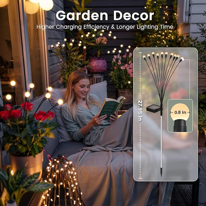 Solar Garden Lights, LED Swaying Solar Lights Outdoor Waterproof, Warm White Firefly Outdoor Decorative Lights, Garden Decor, Yard, Patio, Pathway Decoration Gardening Gifts (4 Pack)