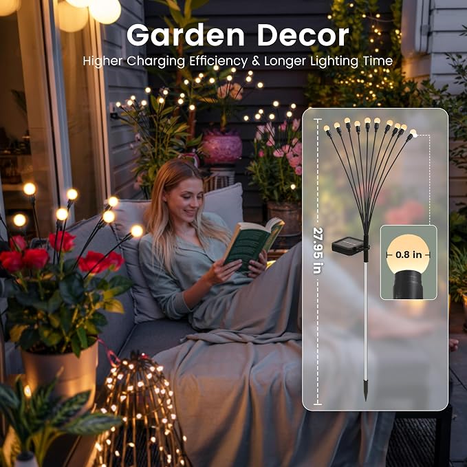 Solar Garden Lights, LED Swaying Solar Lights Outdoor Waterproof, Warm White Firefly Outdoor Decorative Lights, Garden Decor, Yard, Patio, Pathway Decoration Gardening Gifts (2 Pack)