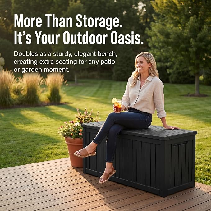 230 Gallon Deck Box, Waterproof Resin Outdoor Storage Box Lockable for Patio Furniture, Fade Resistant Patio Side Table & Organizer for Garden Tools, Pool Floats, Outdoor Cushions, Black