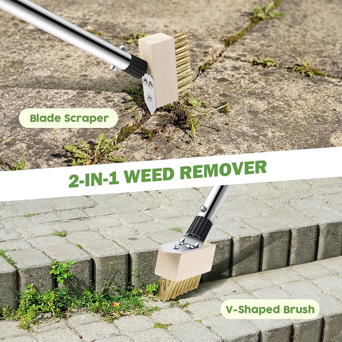 Crack Weeder Tool Set, Weed Scraper Tool Moss Brush Scraper Set Combo, 60" Crevice Weeding Tool for Sidewalk Cracks, 3 Different Weed Remover Tool Heads for Driveways, Patios, Pavers, Garden Cracks