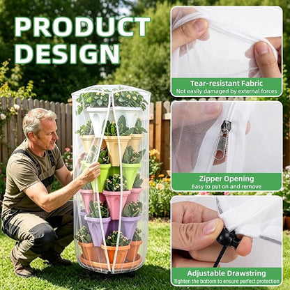 2PCS Mesh Vertical Planter Bug Netting, 39"X20" Large Stackable Planter Netting 5 Tier Strawberry Planter Protector White Round Garden Bird Netting Plant Cover with Zipper for Tomato Flower Fruit