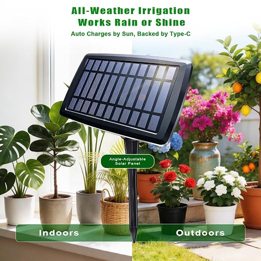 Solar Drip Irrigation System, Auto Watering Kit for 15 Pots, 49FT Hose, Low Water Alarm & Split Solar Panel, One-Button Timer, Self-Watering for Indoor Outdoor Garden Balcony Patio