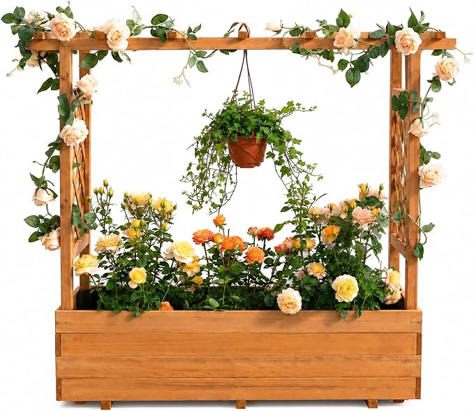 Raised Garden Bed with Arch Trellis & Hanging Roof for Climbing Plants