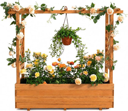 Raised Garden Bed with Arch Trellis & Hanging Roof for Climbing Plants