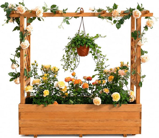 Raised Garden Bed with Arch Trellis & Hanging Roof for Climbing Plants
