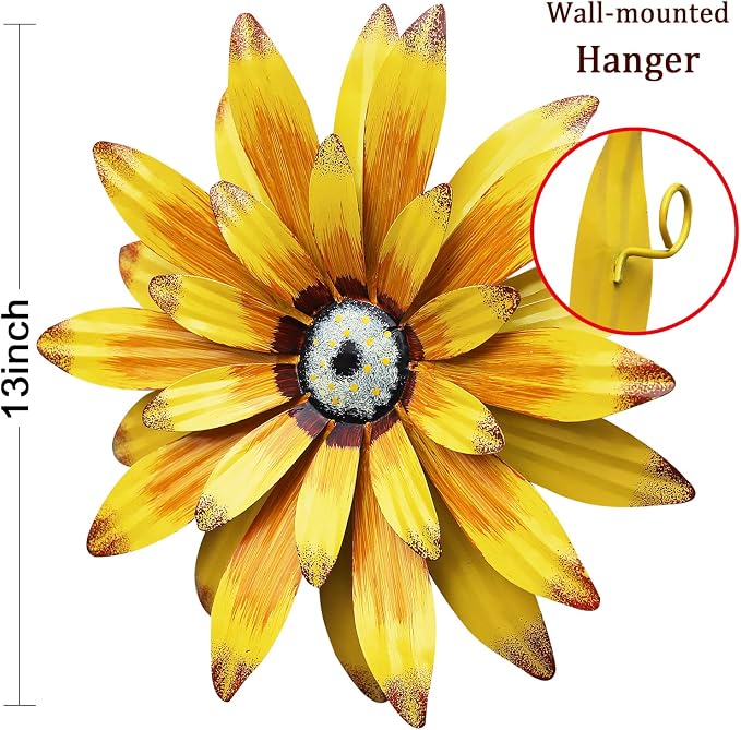 WKHOMEDECO Farmhouse Metal Flowers Wall Decor Inspirational Daisy Wall Decor Hanging for Indoor Outdoor Home Bedroom Living Room Office Porch Patio Garden Fence 13Inch,outdoor wall decor,Handmade