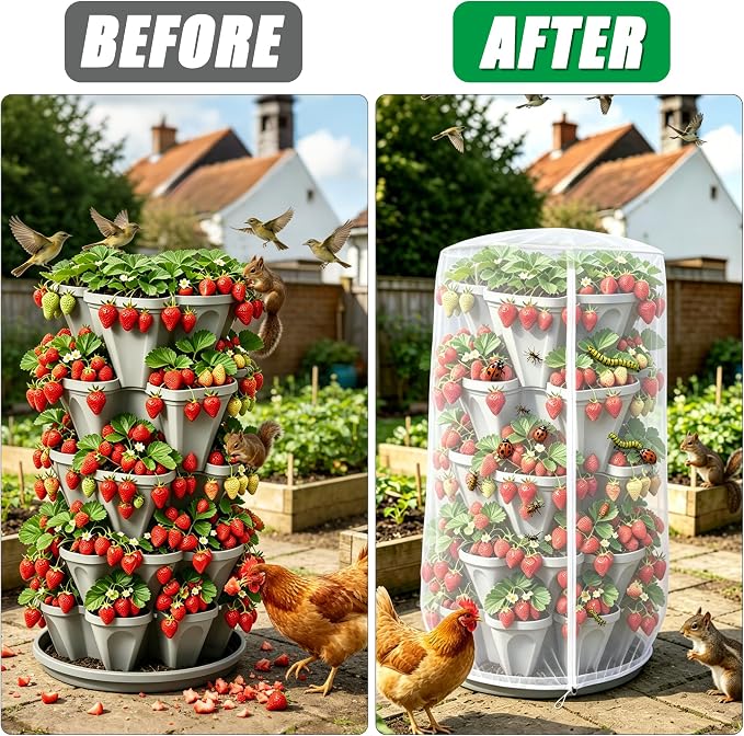 39.6x32.4 Garden Netting with Zipper for Tomato Strawberry Herb | 2pcs bird insect netting plant cover with zipper & drawstring, suitable for 5 tier stackable vertical plant pot