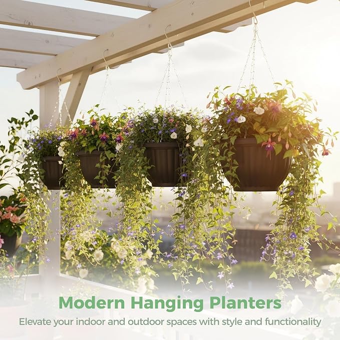 4 Pack Hanging Planters, 9.3 Inch Self Watering Pots for Indoor Plants | Black Plastic Hanging Baskets for Plants Outdoor for Porch Balcony Patio Decor