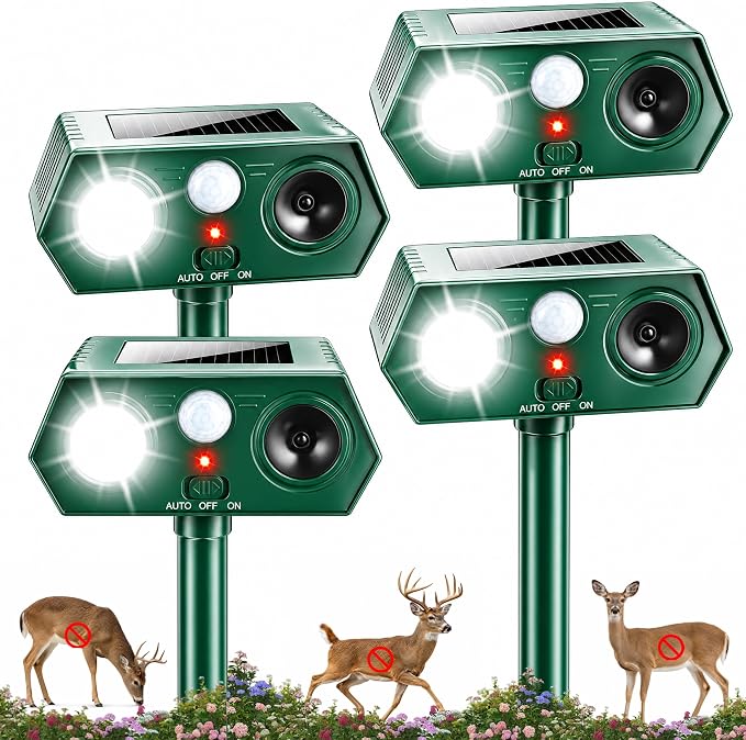 2026 Sonic Fortress Pro Deer Repellent Device,4Pack Solar Ultrasonic Animal Repellent with Motion Sensor&Flash Light for Squirrel Raccoon Rabbit Repellent for Flower Bed,Plants,Vegetables Yard(4 Pack)