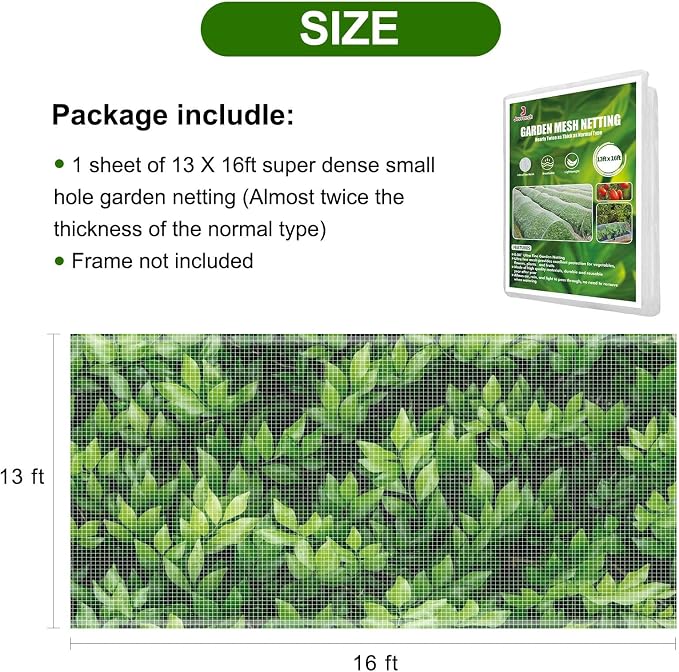 Garden Netting, Jevrench Durable Ultra Fine Garden Netting, Garden Plant Cover Row Cover Makes Plants, Vegetables, Fruits, and Flowers Grow Better (13ft x 16ft)