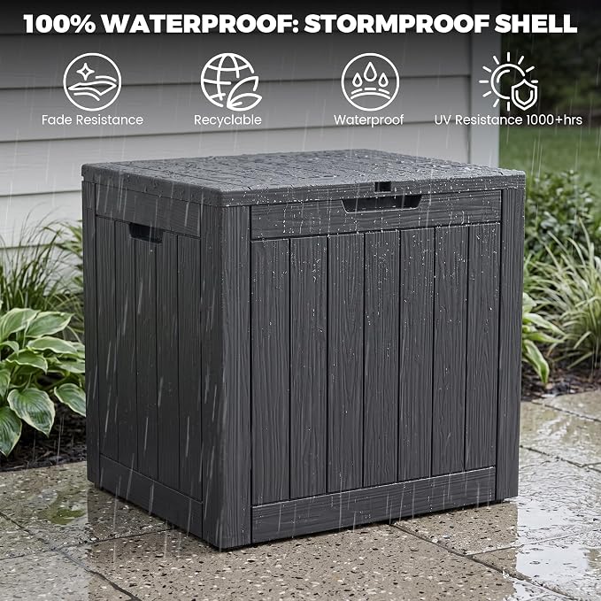 Outdoor Storage Box, 35 Gallon Waterproof Deck Box [Upgraded 3.1], Tool-Free Resin Storage for Patio Cushions, Balcony Pool Toys, Lockable Outside Side Table Ottoman, Balcony, Black