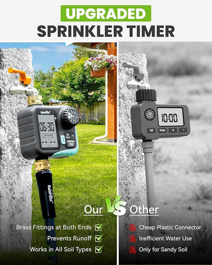 RAINPOINT Sprinkler Timer for Garden Hose - Hose Timer with Cycle & Soak/Rain Delay/Automatic Watering/Manual Watering, Programmable Irrigation System with Large Display, Brass Inlet & Outlet