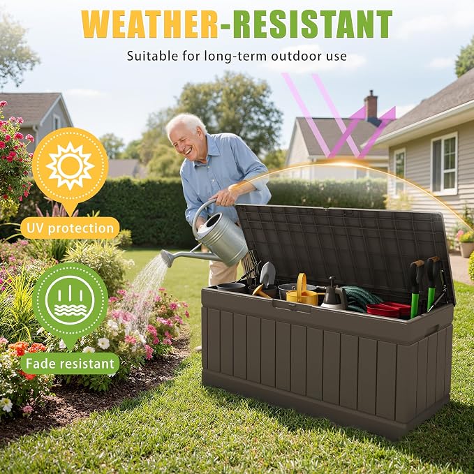 Greesum Outdoor Storage Box 82 Gallon Storage Bin with Lid for Patio Furniture, Garden Tools, Pool Supplies, Waterproof and UV Resistant, Lockable, Dark Brown