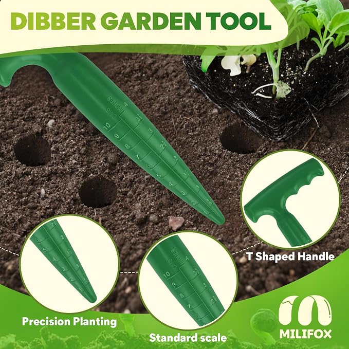 4 PCS Seed Planter Tool Set with Seed Dibber, Dispenser, Dark Green | 6.9" T‑Handle Garden Dibber with Scale, 0–5 Adjustable Seed Sower, Seeding Transplanter for Trays, Raised Bed, Balcony