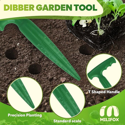 4 PCS Seed Planter Tool Set with Seed Dibber, Dispenser, Dark Green | 6.9" T‑Handle Garden Dibber with Scale, 0–5 Adjustable Seed Sower, Seeding Transplanter for Trays, Raised Bed, Balcony