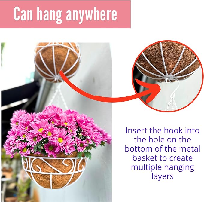 LaLaGreen Hanging Planter for Outdoor Plants (2 Pack, 12 Inch) White Hanging Baskets with Coco Liner, Metal Wire Flower Basket Pots with Hook Hanger Balcony Porch Farmhouse Country Style Garden Decor