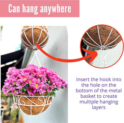 LaLaGreen Hanging Planter for Outdoor Plants (18 Inch, 4 Pack) Large White Hanging Planter with Coco Liner, Wire Flower Basket Pots with Hook Hanger Balcony Porch Farmhouse Country Style Garden Decor