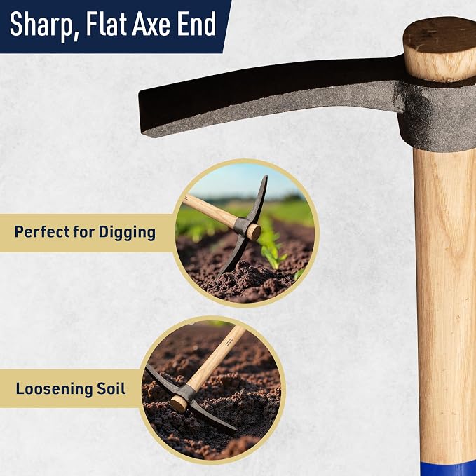 16” Hand Pick Axe - Forged Steel Pickaxe for Digging, Loosening Soil, or Weeding Tool - Dual Headed Adze Garden Hoe and Pick Mattock Digging Tool with Wood Handle by Kings County Tools