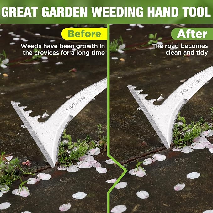 WORKPRO Crack Weeder, 13.5" Stainless Steel Weeding Tool, Wooden Handle | L-Shaped Side-Walk Weed Puller Spatula, for Garden Lawn Yard Patio Terrace Paving Garden Tool
