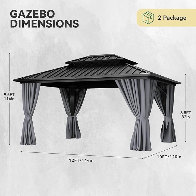 YITAHOME 10X12FT Hard Top Gazebo Aluminum Frame Patios Double Roof Canopy | Garden Metal Gazebo Tent Curtains Netting for Patios Backyards Decks Lawns, Gray