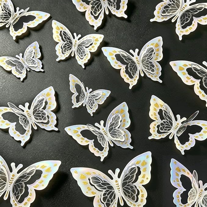 Butterfly Wall Stickers - 60pcs 3D Butterflies Removable Mural Wall Decals for Indoor Home Room Bedroom Decorations (Sliver)