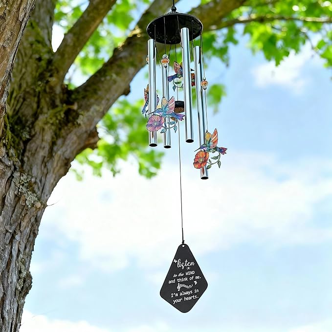 YU FENG Hummingbird Memorial Wind Chime, Yellow Flower Suncatcher Decor | 34 Inch Metal Wind Chime, Crystal Prism Accent, Sympathy Gift For Mom Grandma, Outdoor Garden Patio Decor