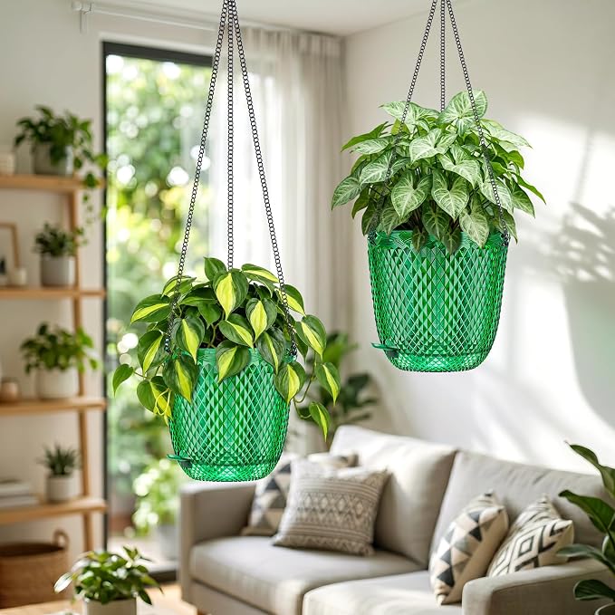 QCQHDU 5.7 Inch 2 Pack Small Hanging Planters for Indoor Outdoor Plants,Self Watering Flower Pots Hanging Basket Plant Hanger with Drainage Holes and 3 Hooks for Window Porch Garden Balcony, (Green)