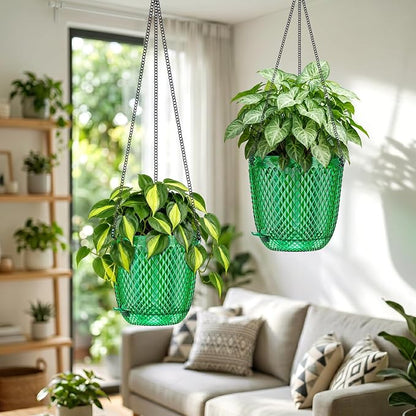 QCQHDU 5.7 Inch 2 Pack Small Hanging Planters for Indoor Outdoor Plants,Self Watering Flower Pots Hanging Basket Plant Hanger with Drainage Holes and 3 Hooks for Window Porch Garden Balcony, (Green)