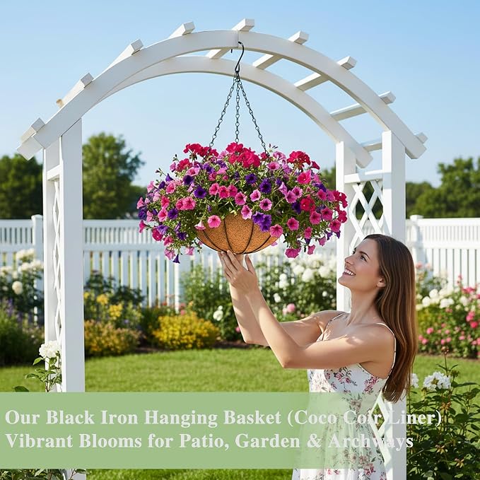 EIMQUVW Outdoor Metal Hanging Planters Basket (4pack, 10 inch) Hanging Baskets for Plants Chain Round Wire Plant Holder with Coco Fiber Liners for Garden, Patio, Deck, Porch
