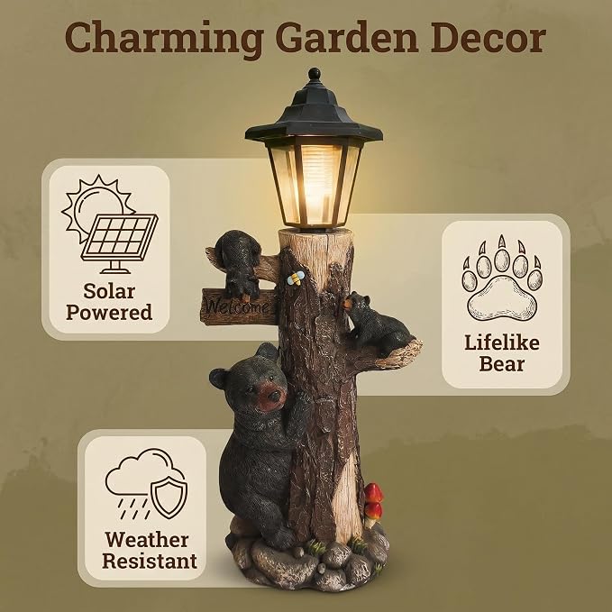 Solar Black Bear Family Garden Statue with Welcome Sign – 19" Hand-Painted Resin Bear Cubs Climbing Tree, Auto On/Off LED Light, Outdoor Yard Lawn Patio Decor, Housewarming Christmas Birthday Gift