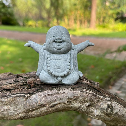 Mini Zen Laughing Buddha Statue, Tiny Sandstone Figurine for Garden Shelf | Mini monk figurine with contagious smiling face. Perfect for fish tank, desk ,or home decor. Brings joy and uplifts any space