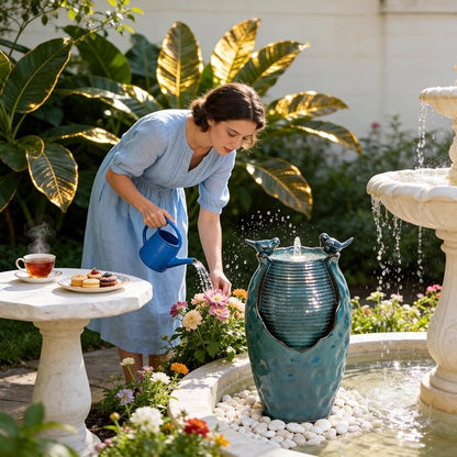 Autodaya 25" H Jar Ceramic Outdoor Water Fountain with LED Lights and Birds | Elegant Turquoise Glaze with Bubble-Like Texture, Decorative Garden Water Feature, cascading water flow for yard sanctuary