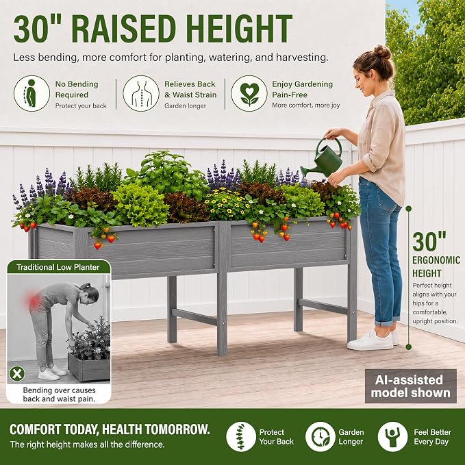 YEFU 72" Large Raised Garden Bed, Wood-Look HIPS 6ft Extra Large Bed, Grey | Extra Large Garden Bed for Backyard Growing, 6ft Design, Wood-Look HIPS, Drainage, 770 lbs High Capacity Support