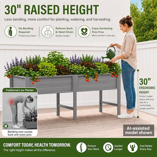 YEFU 72" Large Raised Garden Bed, Wood-Look HIPS 6ft Extra Large Bed, Grey | Extra Large Garden Bed for Backyard Growing, 6ft Design, Wood-Look HIPS, Drainage, 770 lbs High Capacity Support