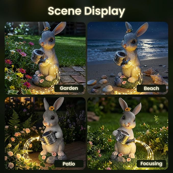 Solar Rabbit Garden Statues Outdoor Decor, Resin Rabbit Figurine Decorations with Solar Watering Can Light, Whimsical Bunny Sculpture for Garden Patio, Balcony, Yard, Lawn Ornament