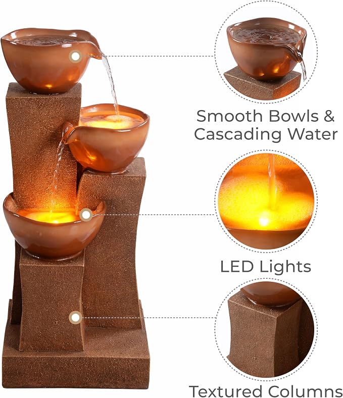 Teamson Home 28.54 in. 3-Tier Cascading Outdoor Water Fountain, Brown | LED Lights, For Gardens, For Landscaping, For Patios, For Balconies