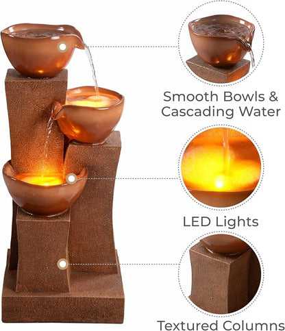 Teamson Home 28.54 in. 3-Tier Cascading Outdoor Water Fountain, Brown | LED Lights, For Gardens, For Landscaping, For Patios, For Balconies