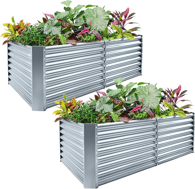 Land Guard 2 Pack 6×3×2 ft Galvanized Metal Raised Garden Bed, 2FT Deep Root Elevated Planter Box Steel Large Vegetable Flower Bed Kit, Modern Grey