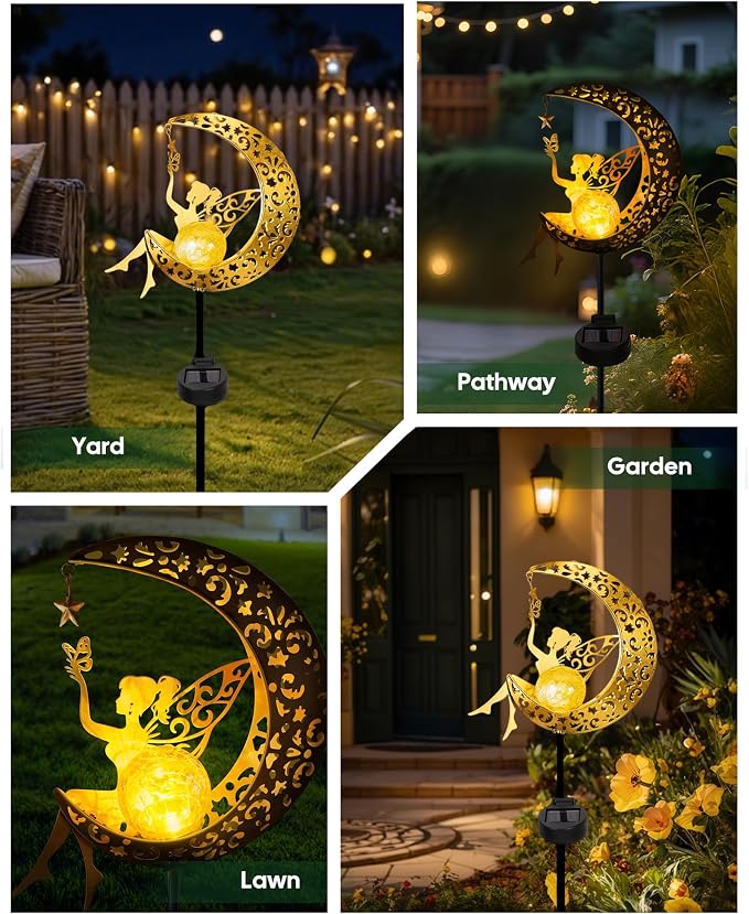 Vuees Solar Garden Statues Outdoor Decor, Fairy Moon Figurine Light Stake, Housewarming Ornament for Patio, Lawn, Yard, Pathway - Unique Gift Ideas for Gardening Mom Grandma