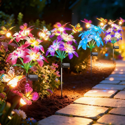 Garpar Solar Flower Lights Outdoor 4 Pack, 16 Lilies and 12 Butterflies | 800mAh Battery, Brighter LED, IP65 Waterproof, Color Changing, Perfect for Yard, Lawn, Pathway, Gift for Mom, Women, Grandma