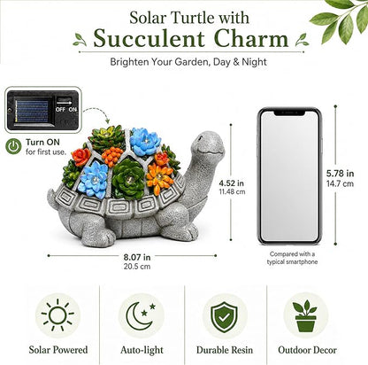 Nacome Solar Garden Outdoor Statues Turtle with Succulent and 7 LED Lights - Lawn Decor Statue for Patio, Balcony, Yard Ornament - Gifts for Mom Grandma Women
