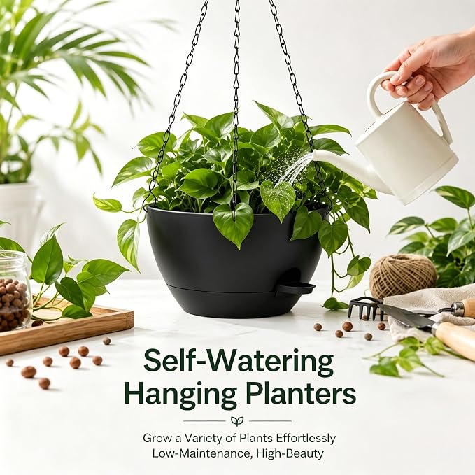 12 Inch Self Watering Hanging Planters 2 Pack, Black. | Plastic planters with drainage holes and saucers. Suitable for indoor, outdoor, kitchen, balcony and garden plant decor.